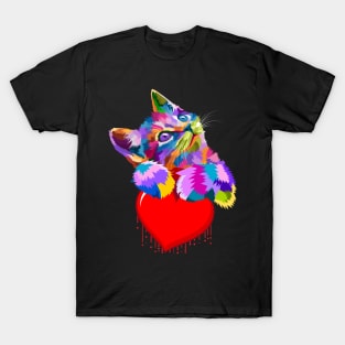 Cute Colorful Cat Hugging Dripping Heart T-Shirt